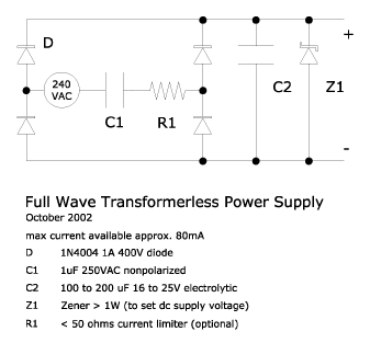 full wave transformerless power supply schematic diagram